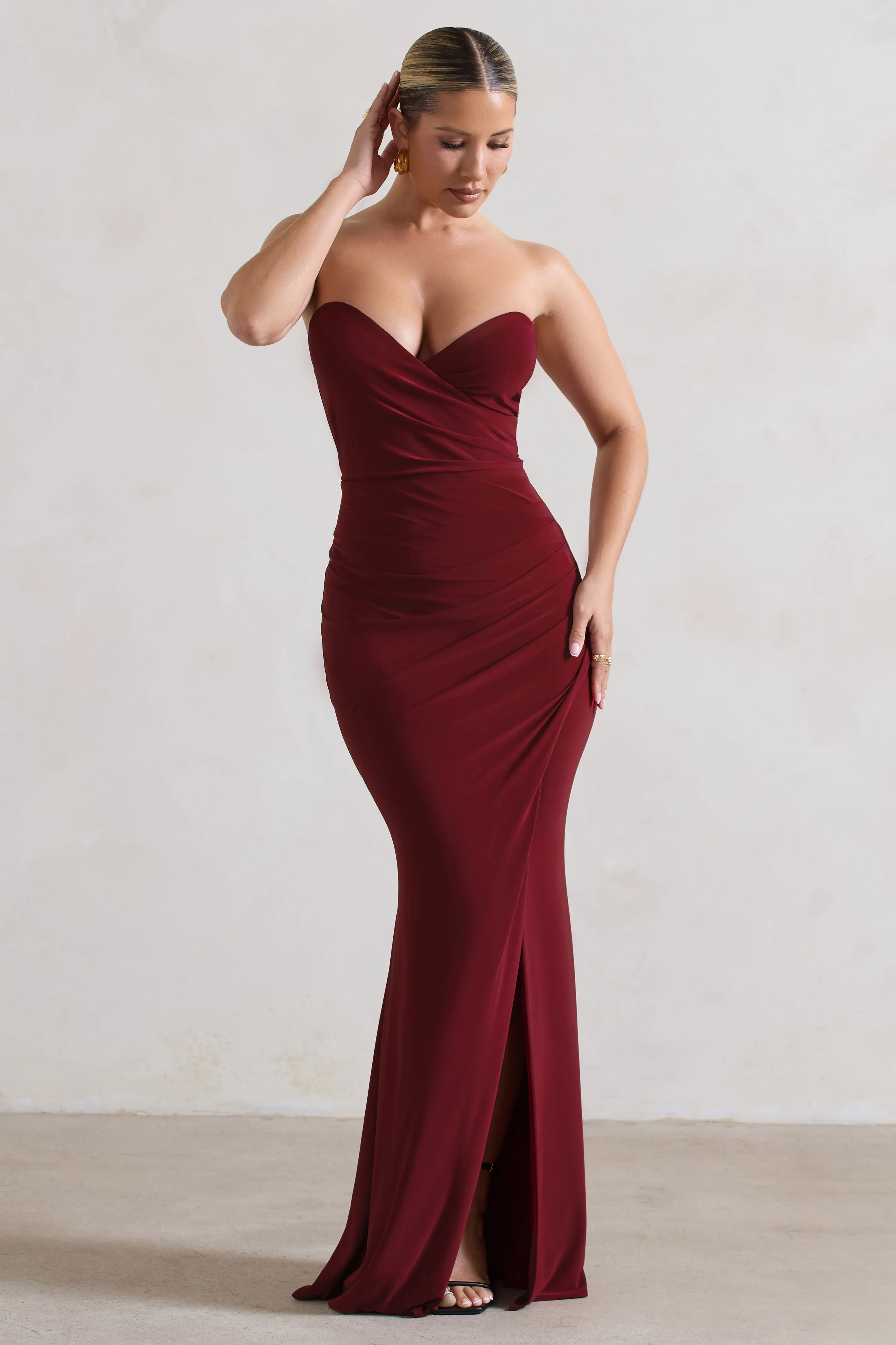 Saphira | Berry Gathered Corset Style Split Maxi Dress