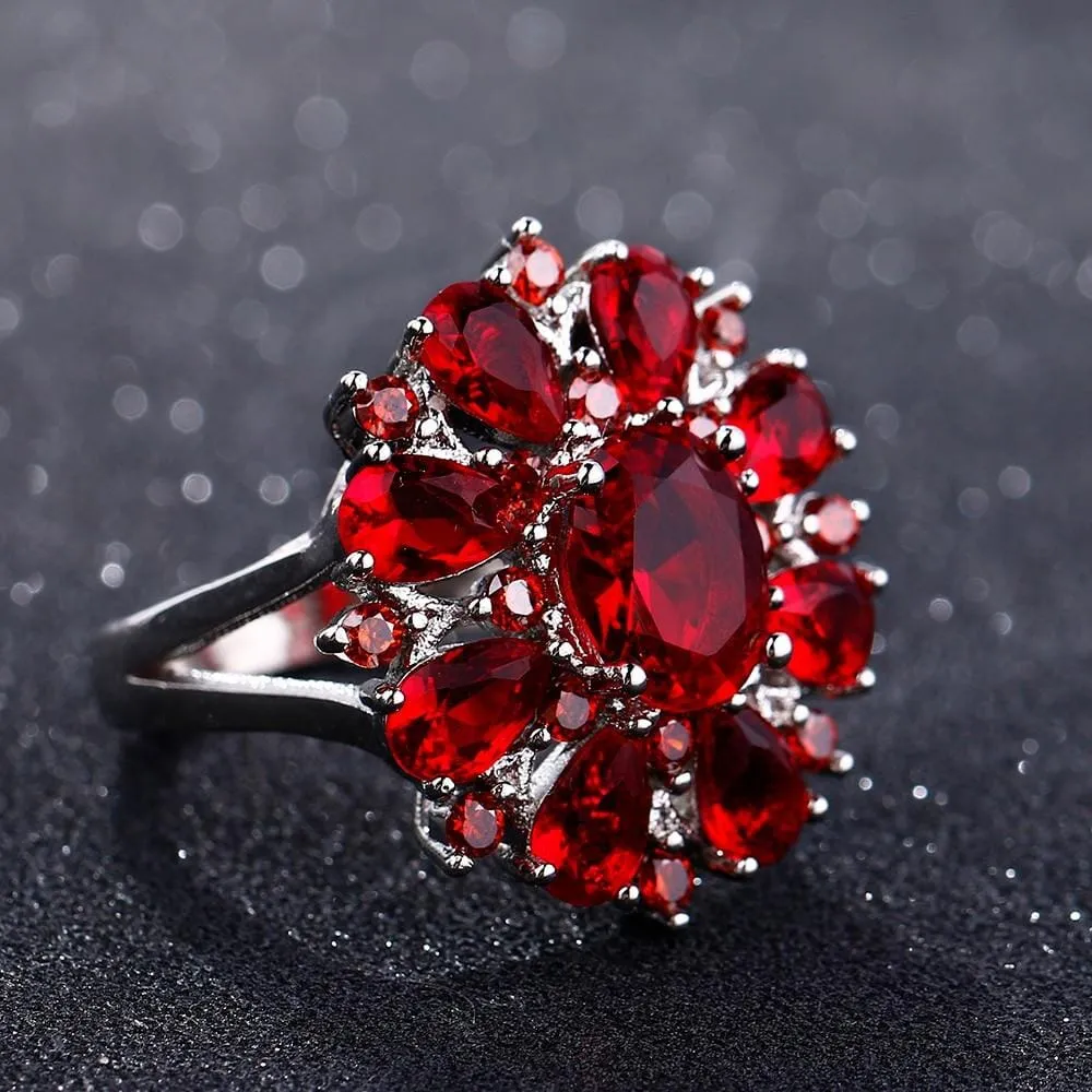 Scarlet Garnet Flower Ring - 925 Sterling Silver