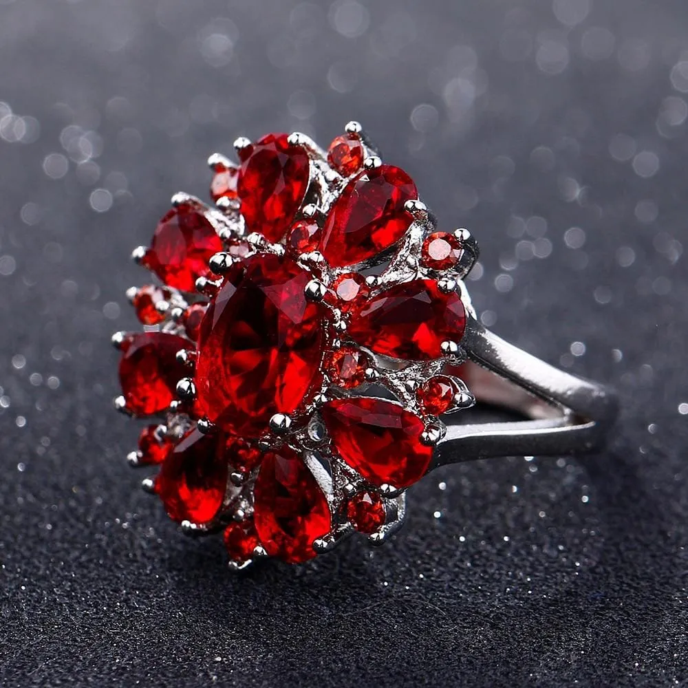 Scarlet Garnet Flower Ring - 925 Sterling Silver