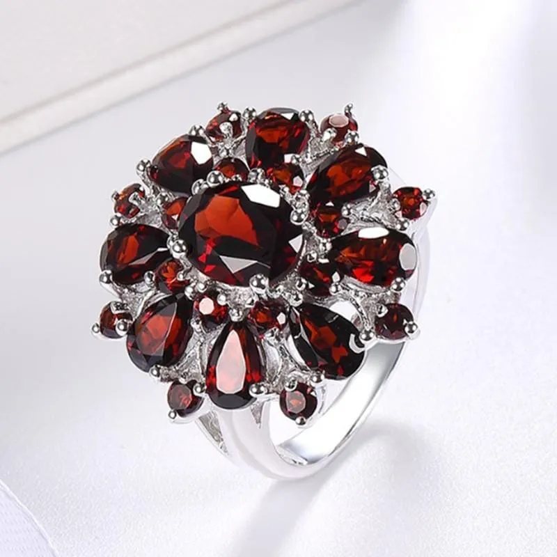 Scarlet Garnet Flower Ring - 925 Sterling Silver