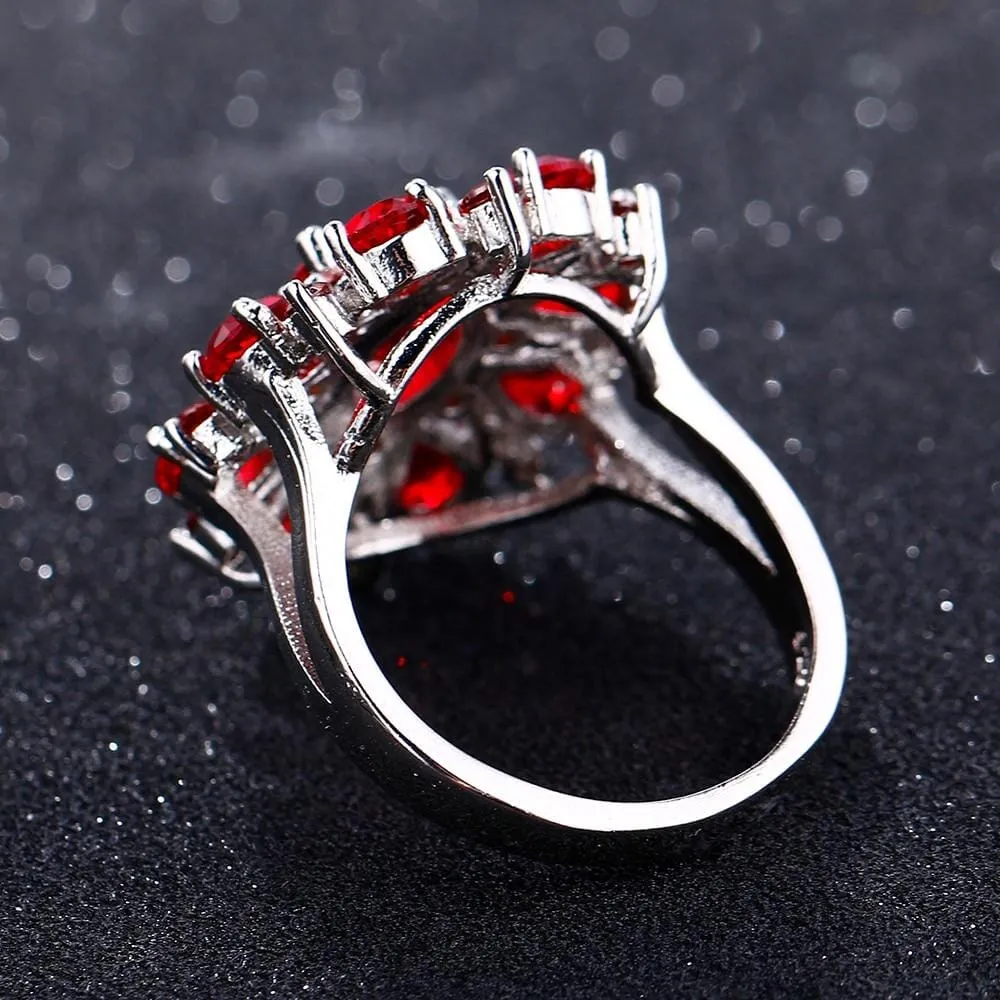 Scarlet Garnet Flower Ring - 925 Sterling Silver