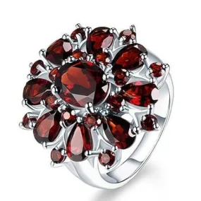 Scarlet Garnet Flower Ring - 925 Sterling Silver