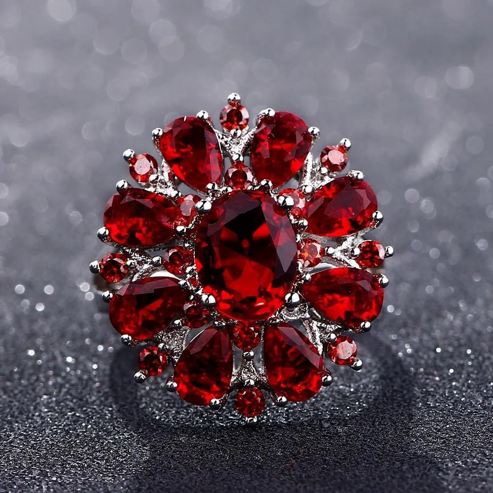 Scarlet Garnet Flower Ring - 925 Sterling Silver