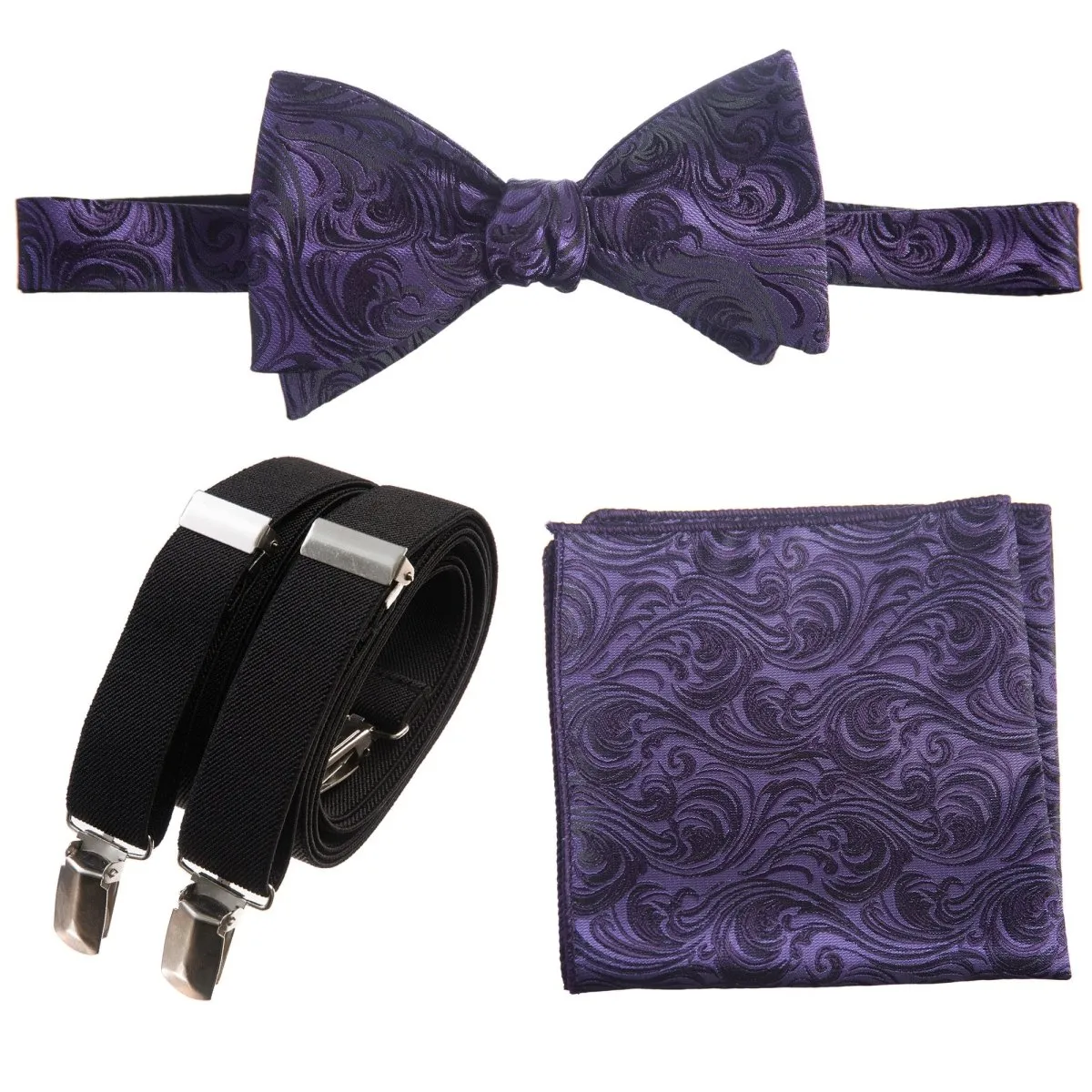 Self-tie Bow Tie & Pocket Square Paisley Jacquard with Adjustable Stretch Suspender