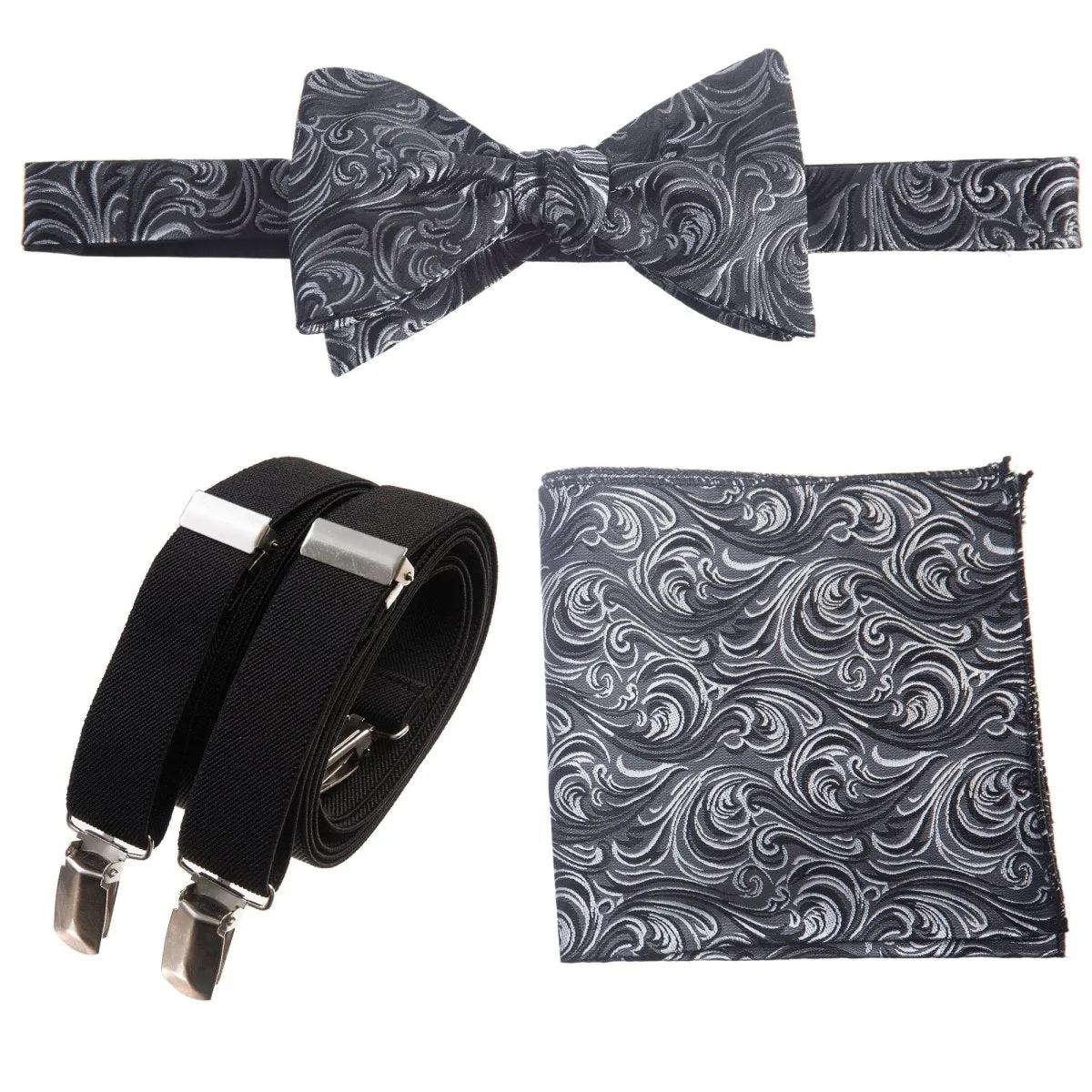 Self-tie Bow Tie & Pocket Square Paisley Jacquard with Adjustable Stretch Suspender