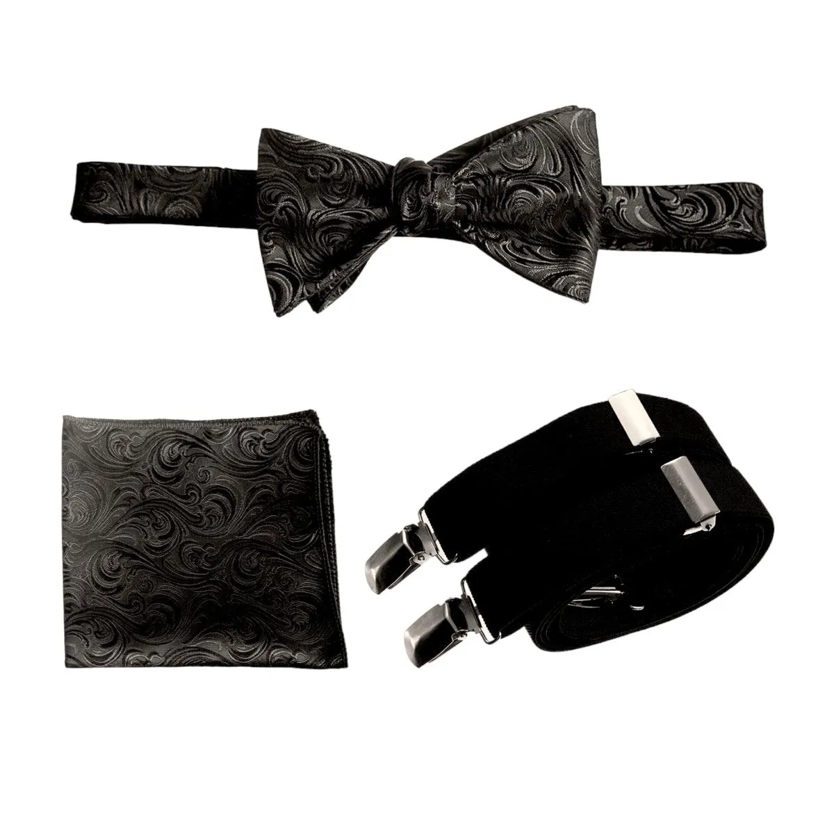 Self-tie Bow Tie & Pocket Square Paisley Jacquard with Adjustable Stretch Suspender