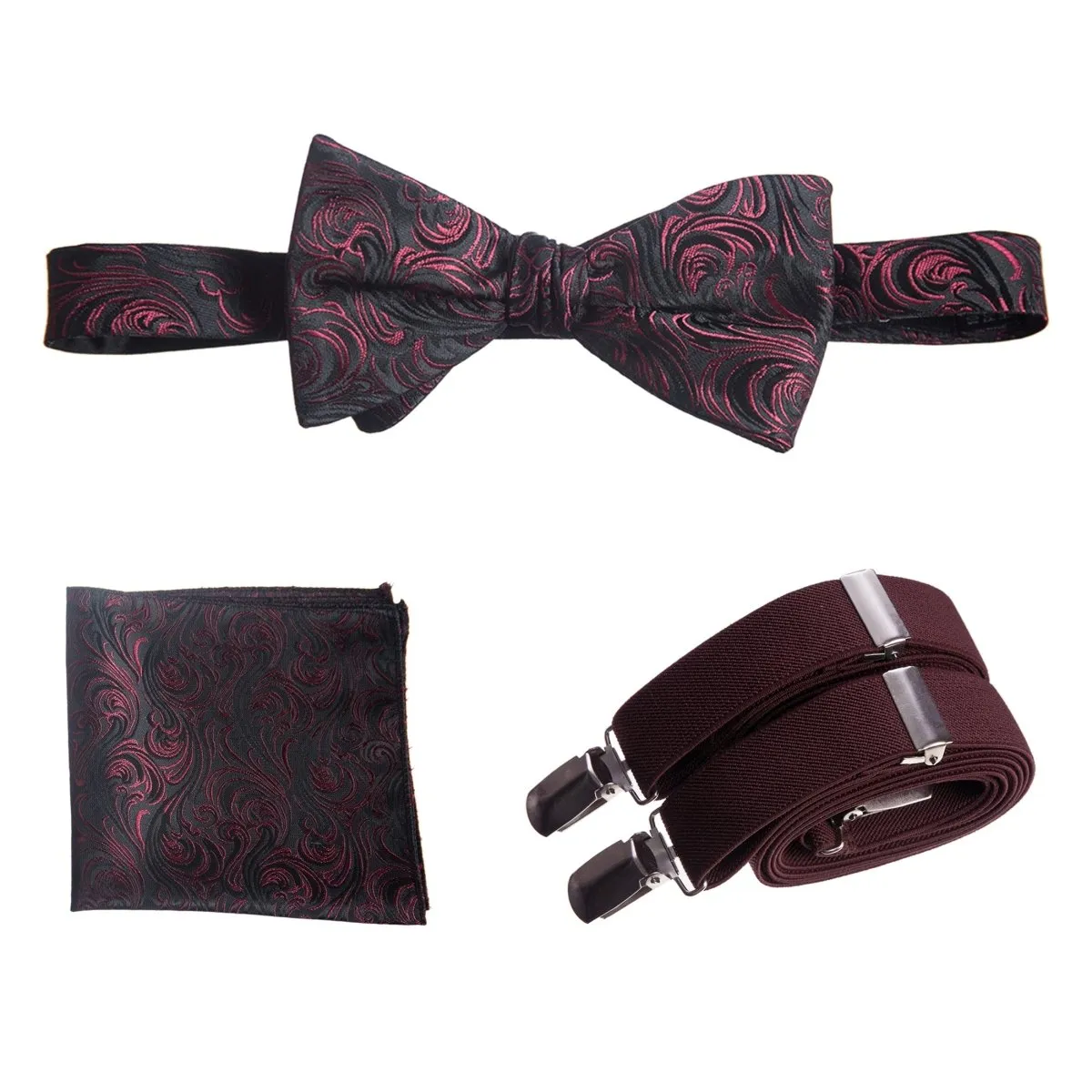 Self-tie Bow Tie & Pocket Square Paisley Jacquard with Adjustable Stretch Suspender