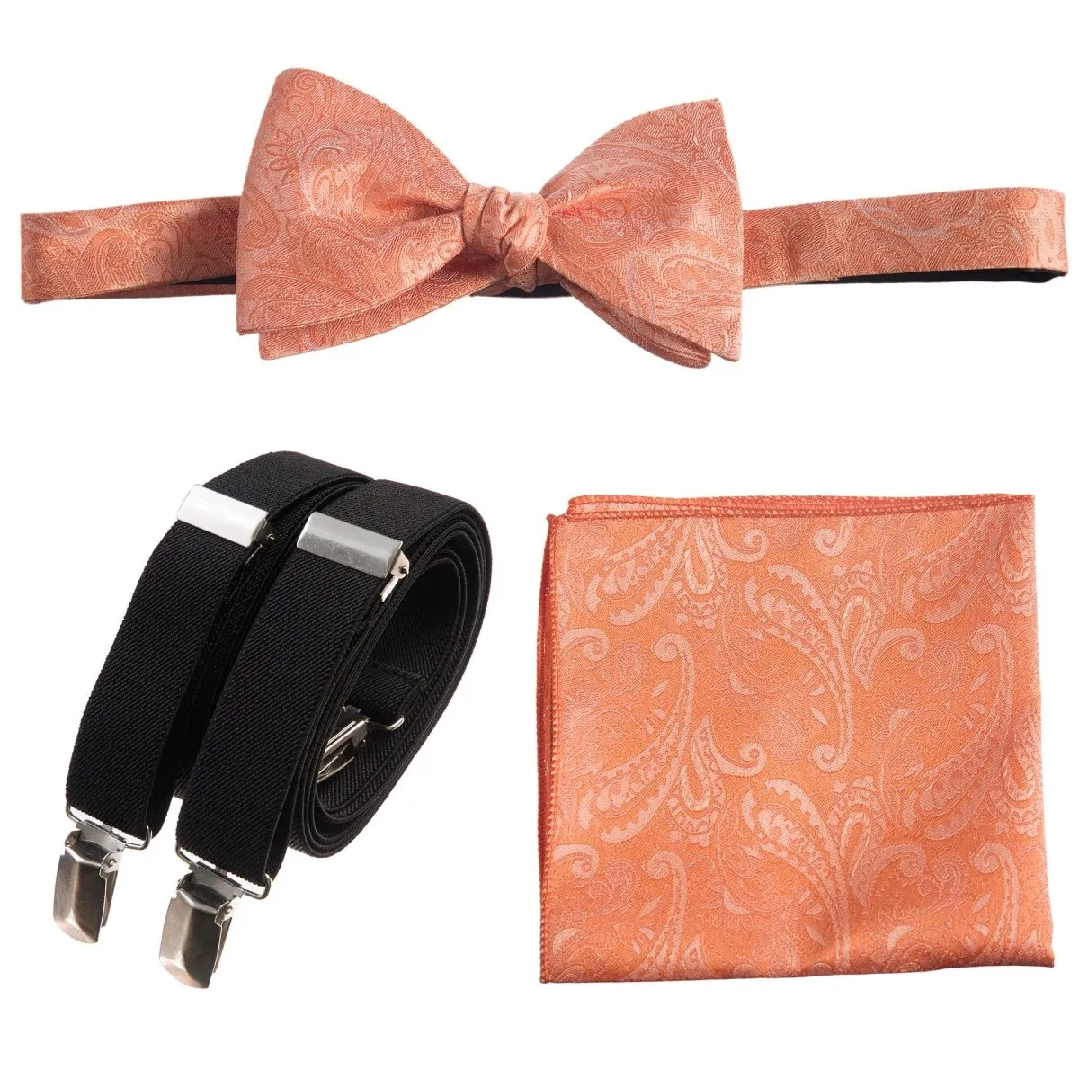 Self-tie Bow Tie & Pocket Square Paisley Jacquard with Adjustable Stretch Suspender