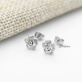 Solid 925 Sterling Silver Rose Flower Stud Earrings