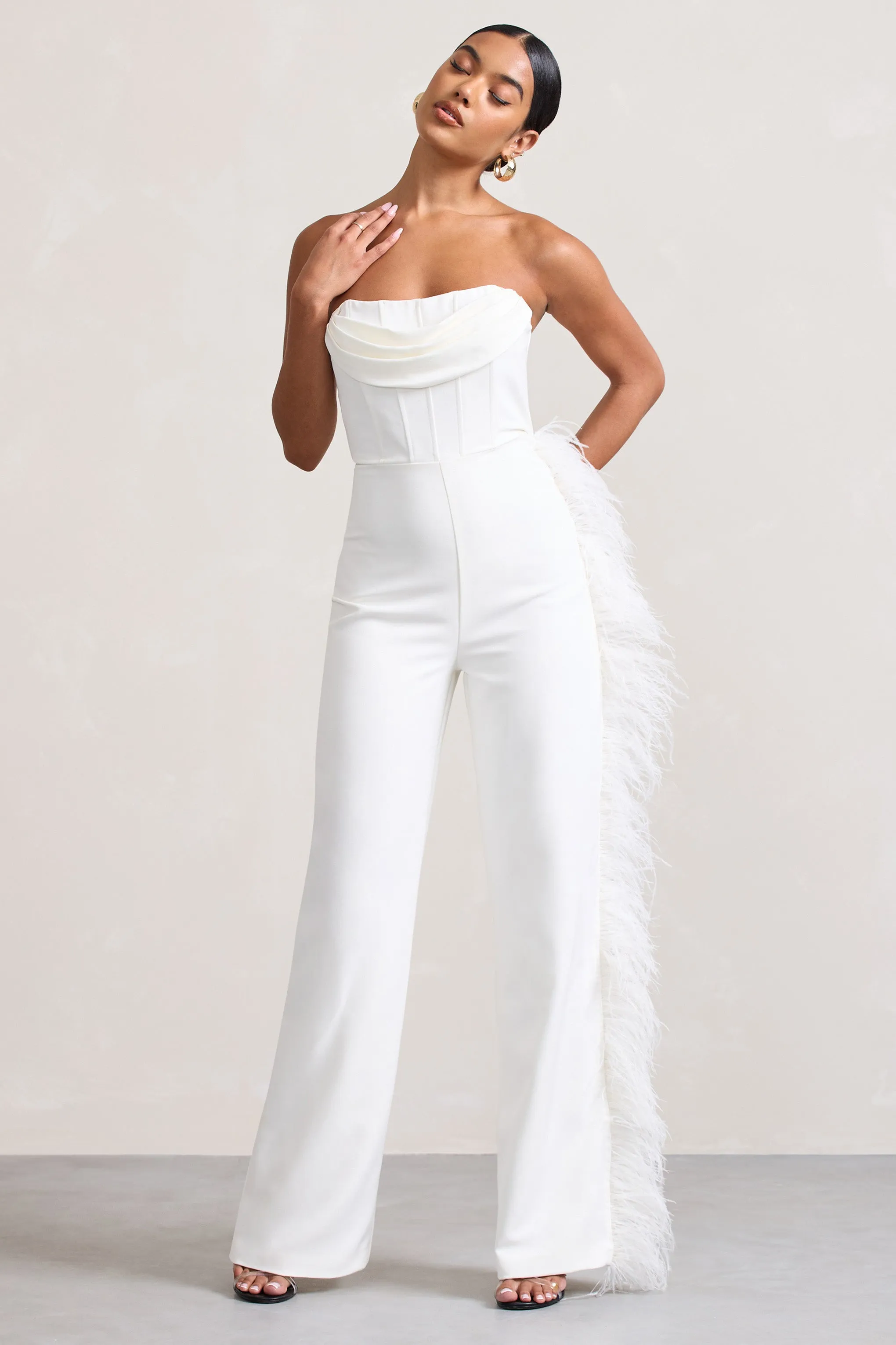 Topic Of Talk | White Strapless Bandeau Wide-Leg Jumpsuit With Feather Trim