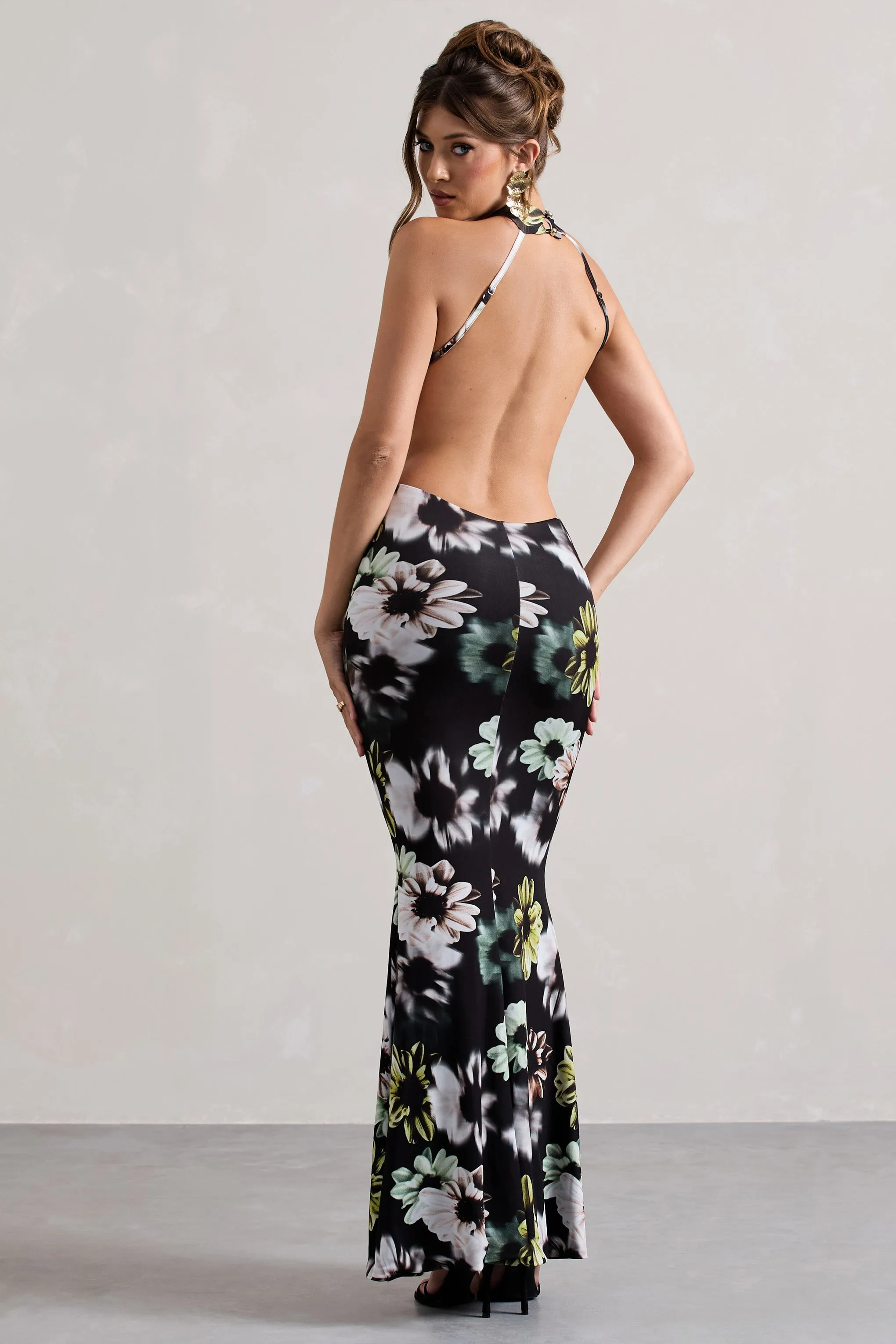 Tuscany | Black Floral Print Halter-Neck Split Maxi Dress