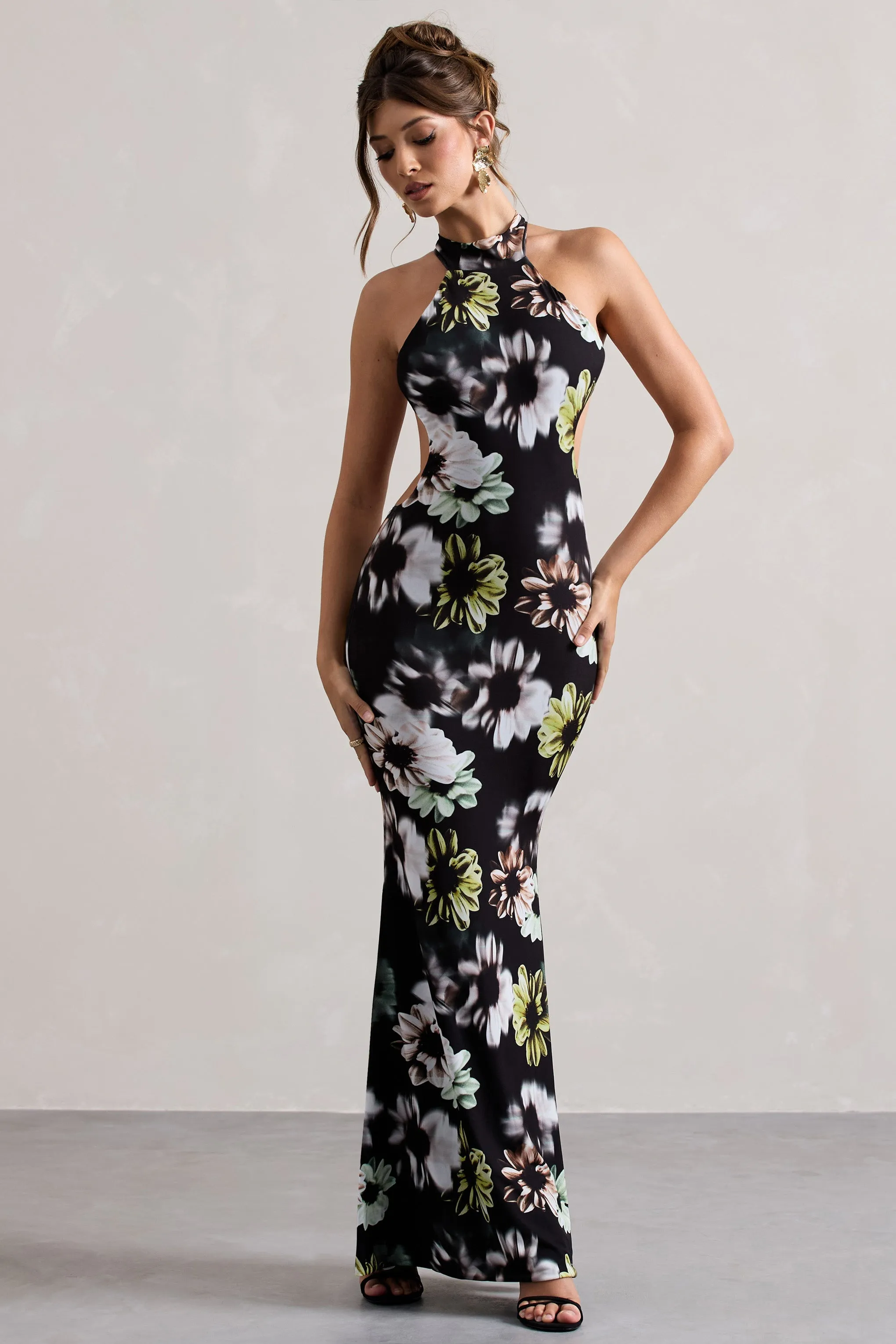 Tuscany | Black Floral Print Halter-Neck Split Maxi Dress