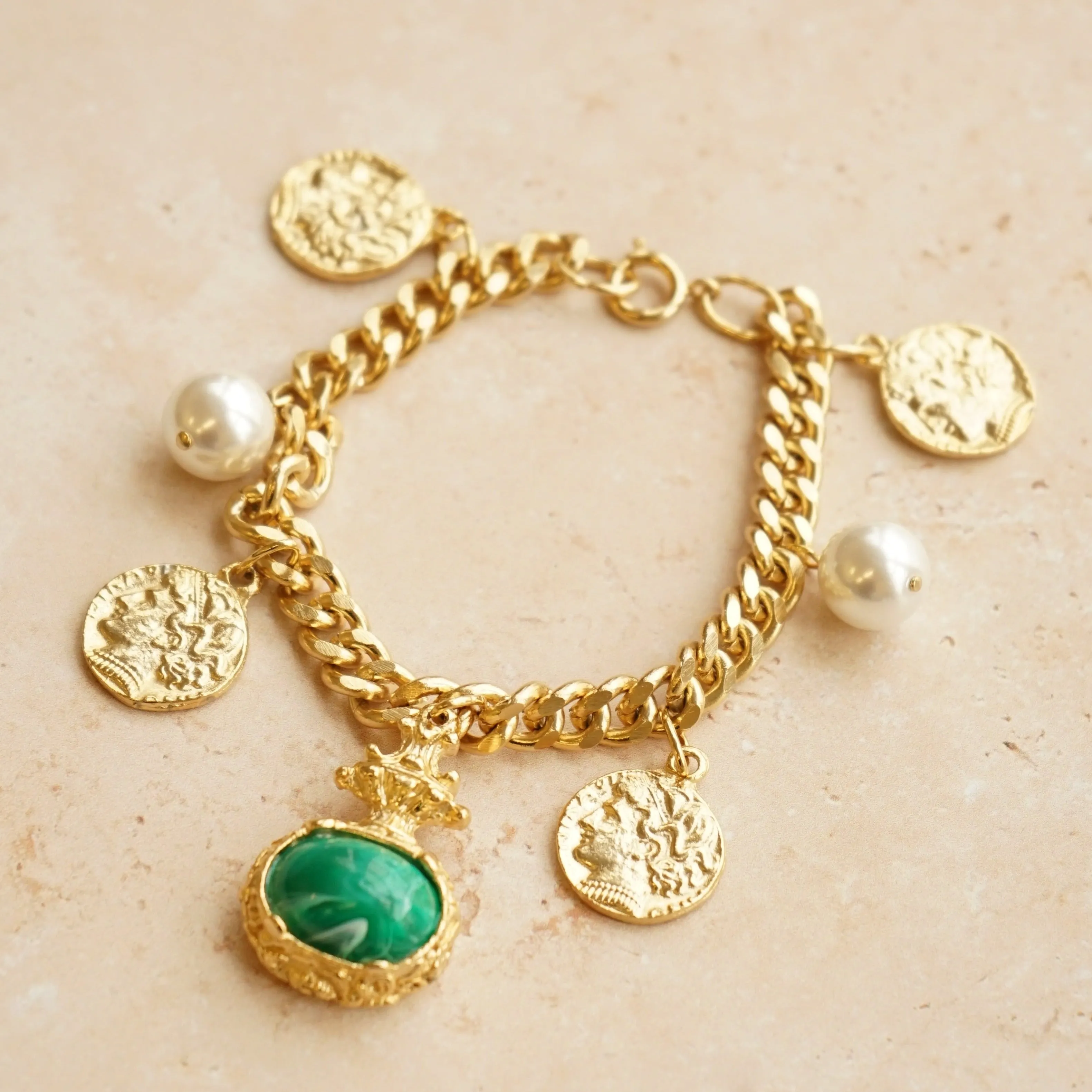 Vintage Statement Stone & Coin Charm Bracelet - Green