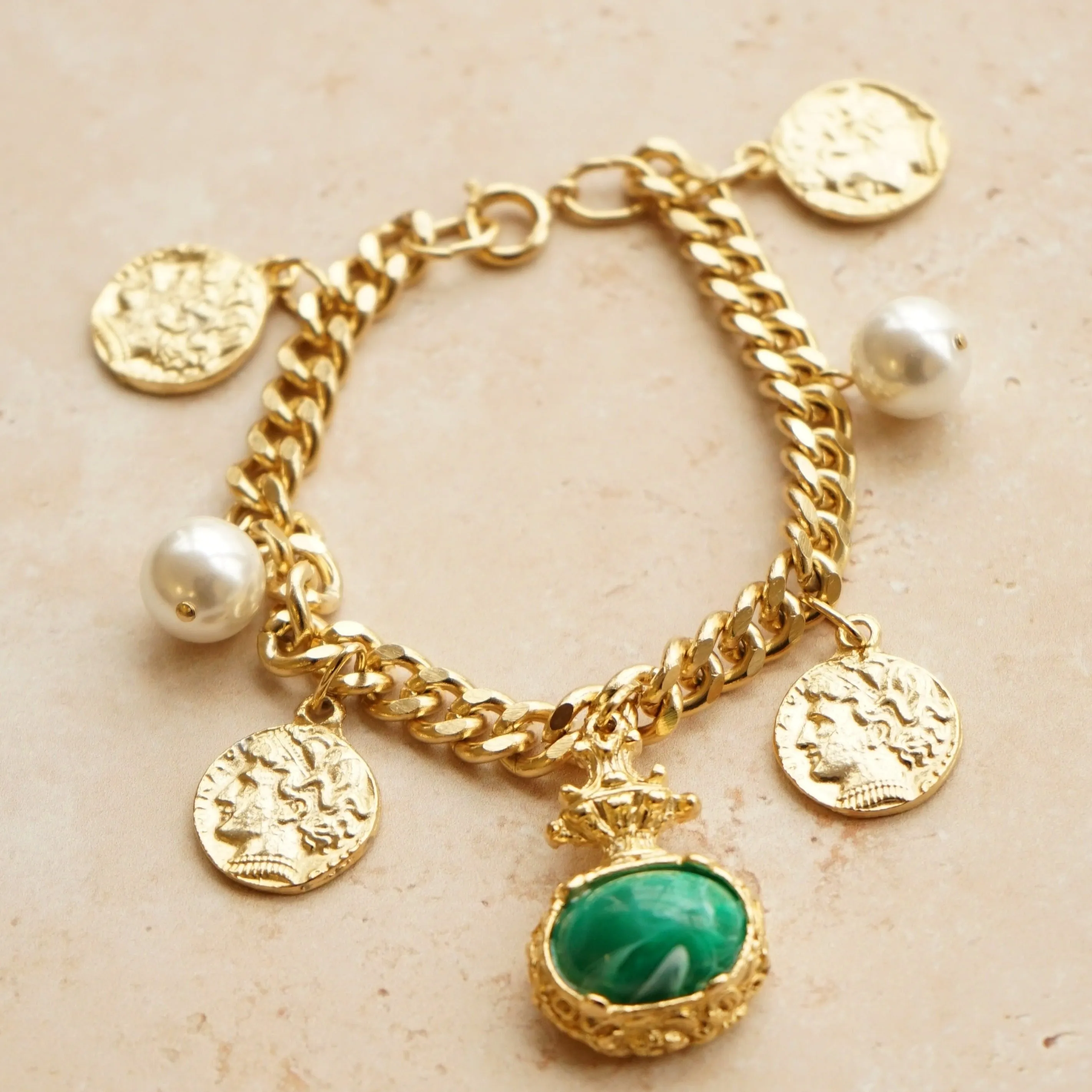 Vintage Statement Stone & Coin Charm Bracelet - Green