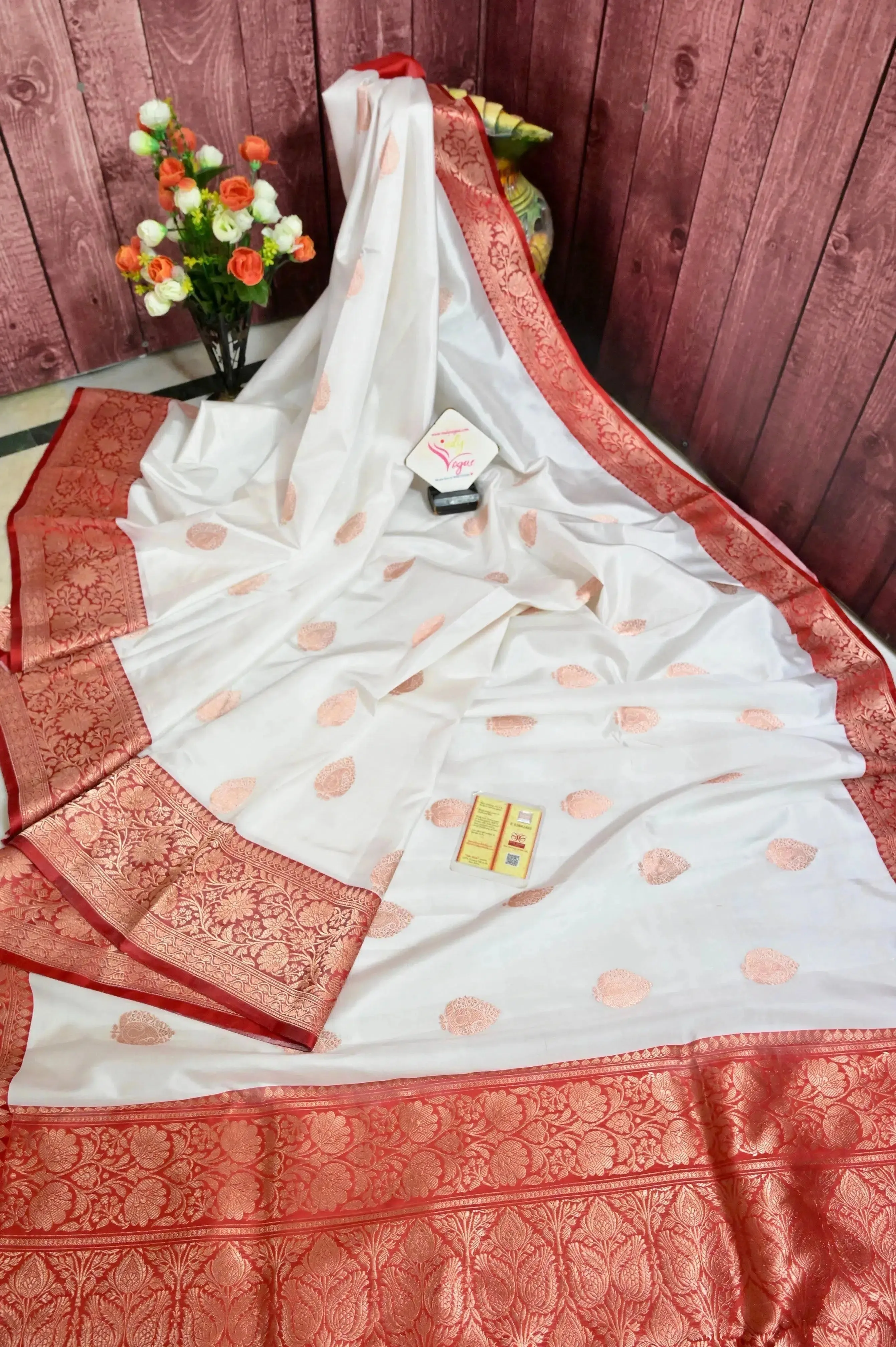 White and Red Color Pure Katan Banarasi Saree