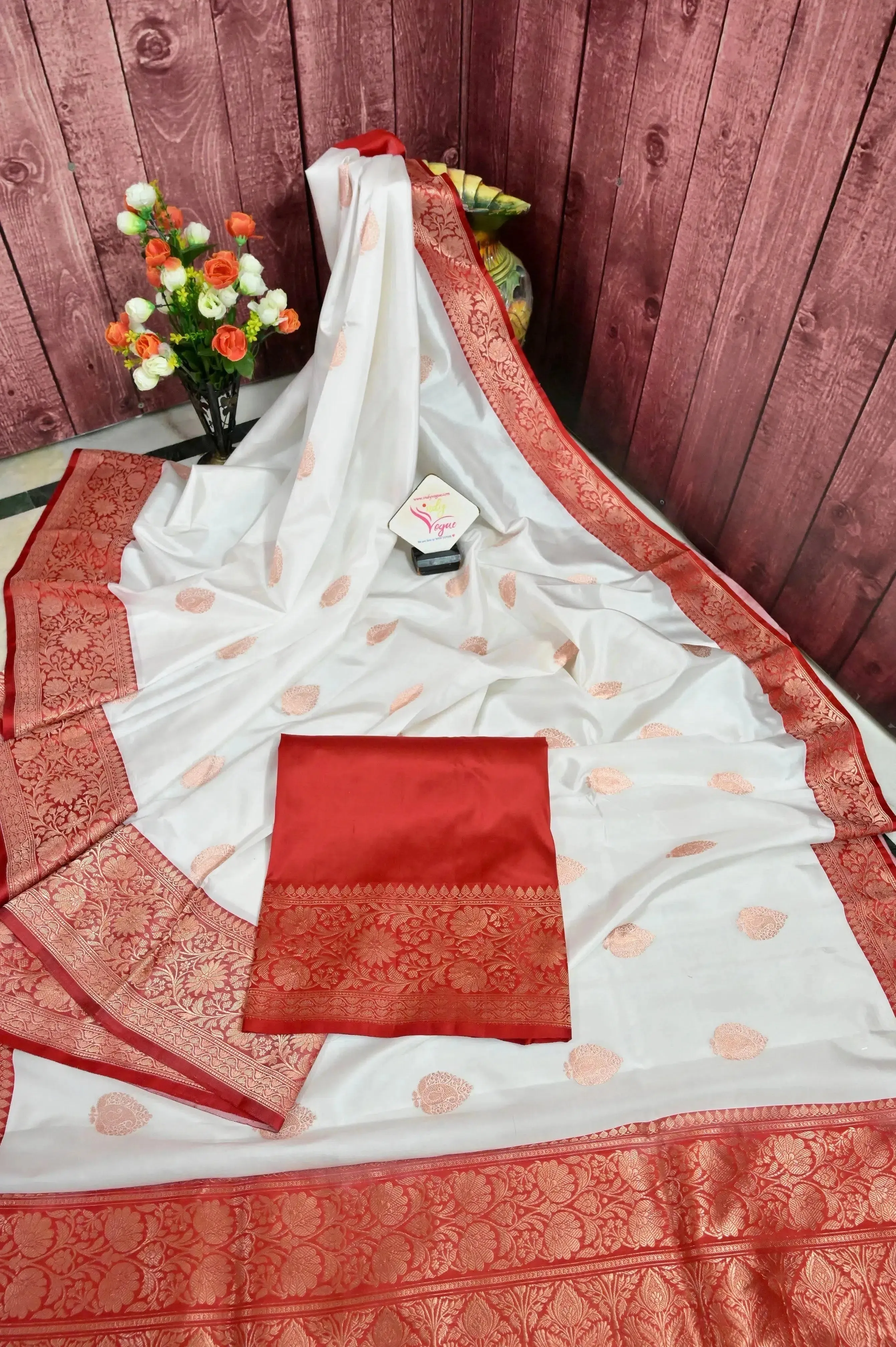 White and Red Color Pure Katan Banarasi Saree