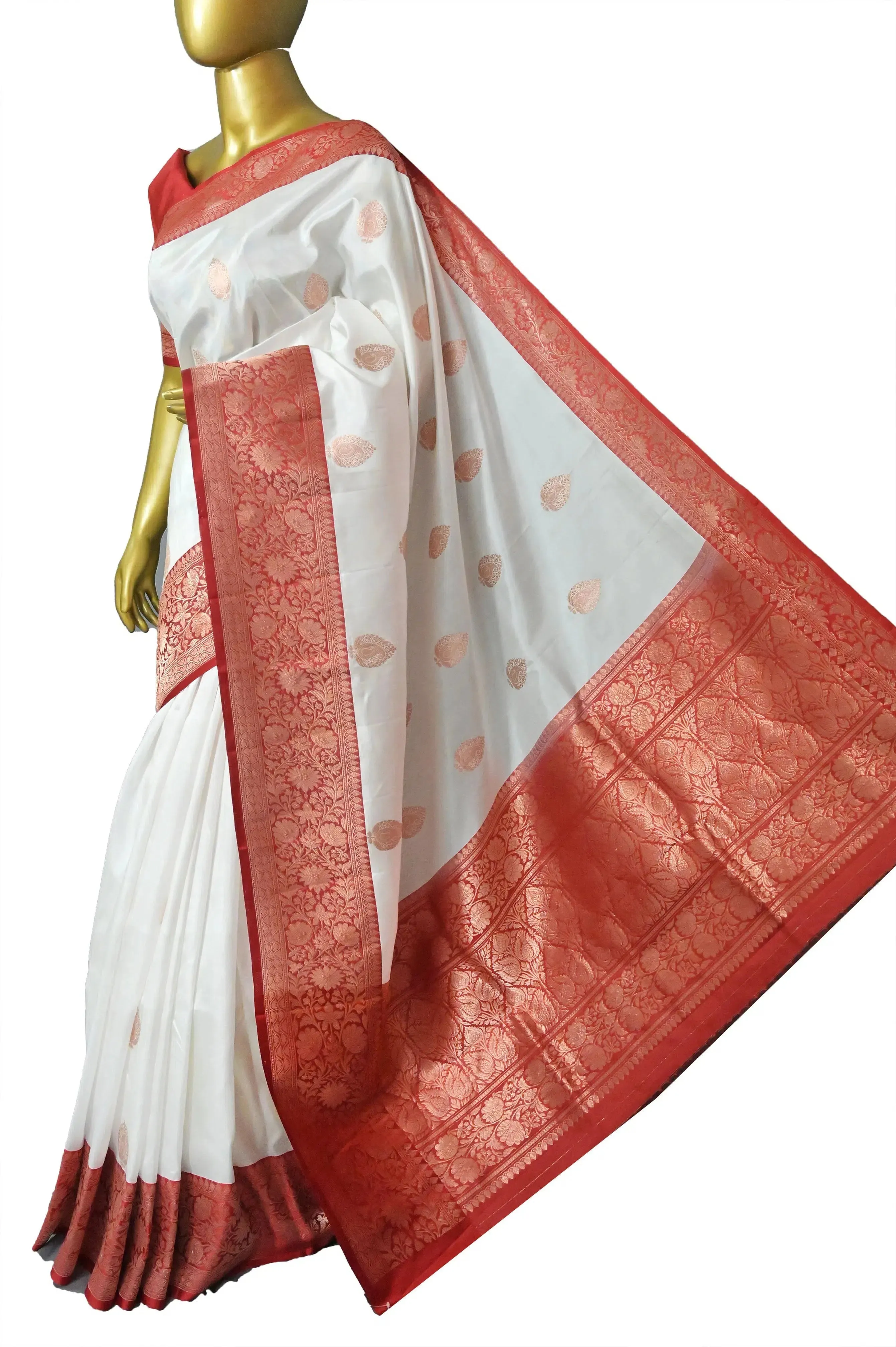 White and Red Color Pure Katan Banarasi Saree