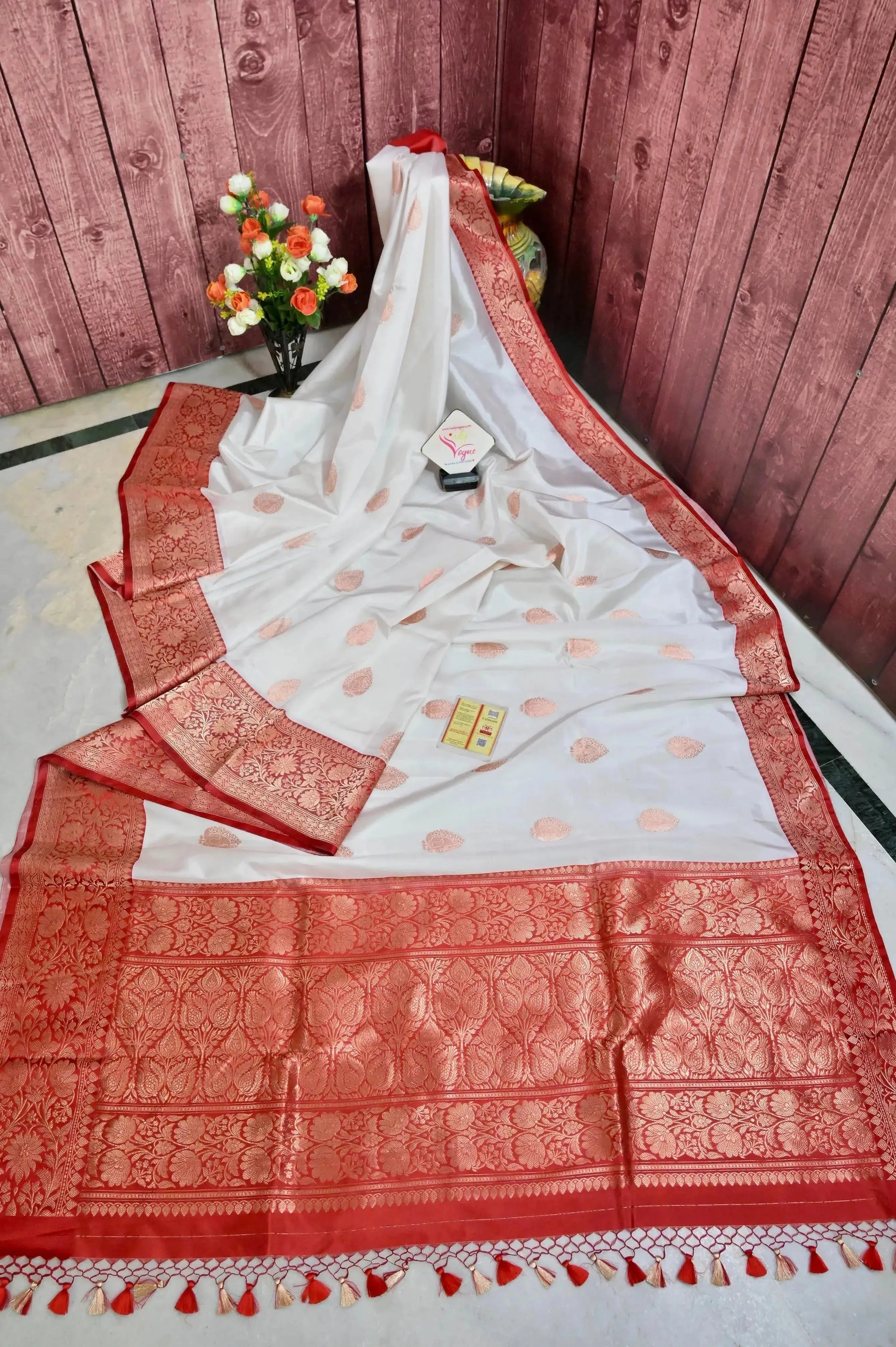 White and Red Color Pure Katan Banarasi Saree