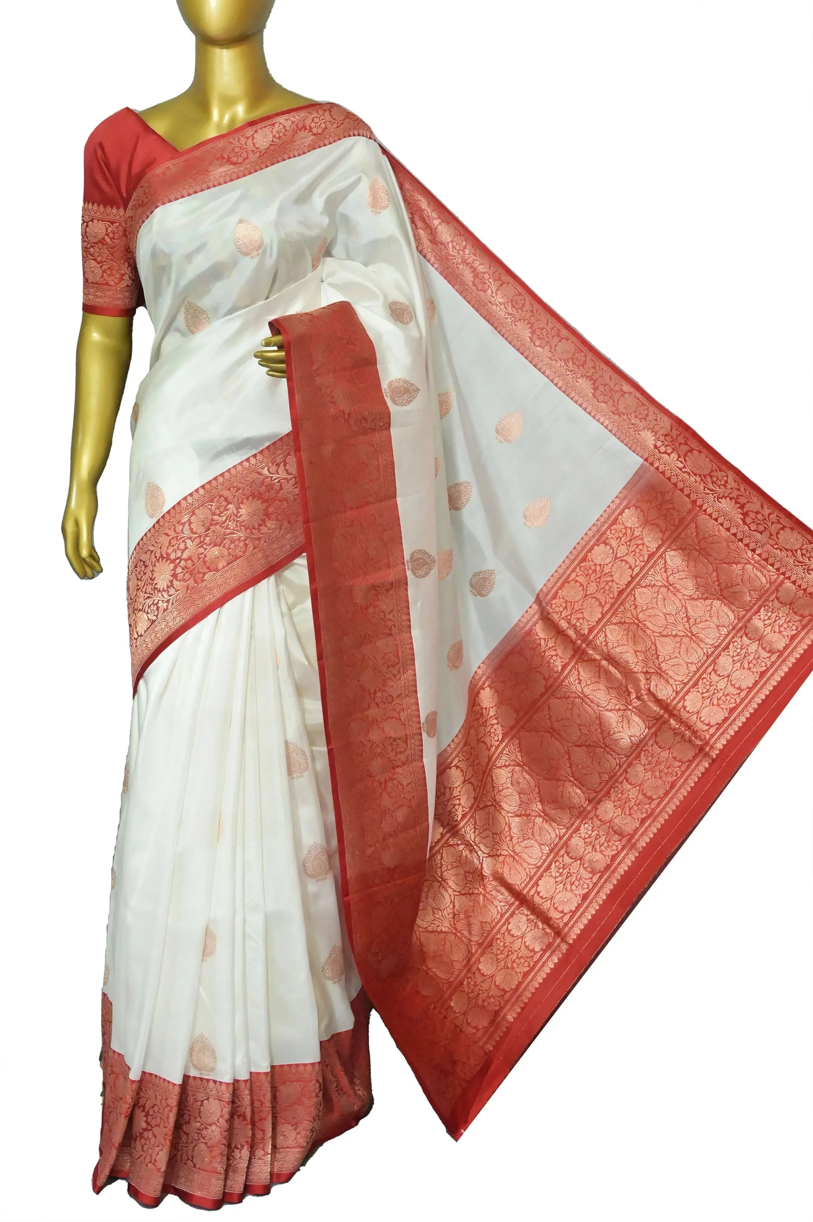 White and Red Color Pure Katan Banarasi Saree