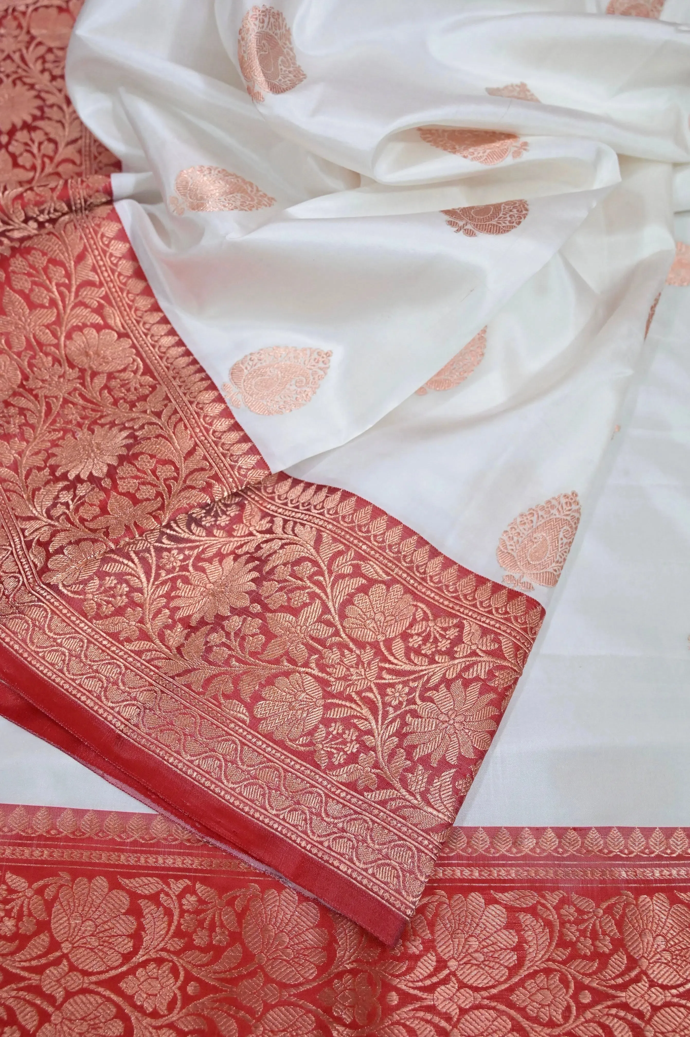 White and Red Color Pure Katan Banarasi Saree