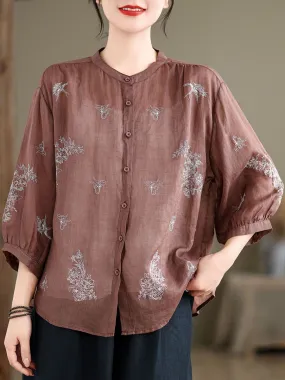 Women Artsy Flower Summer Ramie Blouse KL1018