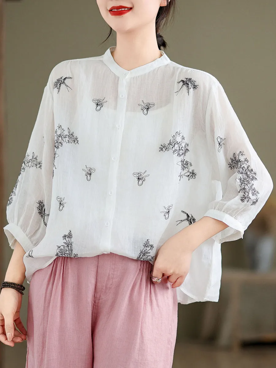 Women Artsy Flower Summer Ramie Blouse KL1018