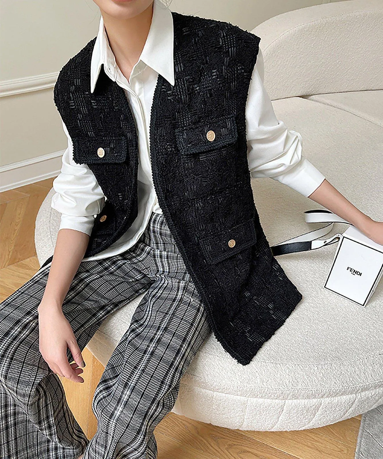 Women Black Sleeveless Wool Vest,Sleeveless Wool Jacket,Cardigan Wool Waistcoat,Autumn Winter Vest,Oversized Wool Vest,Tweed Vest,Warm Vest