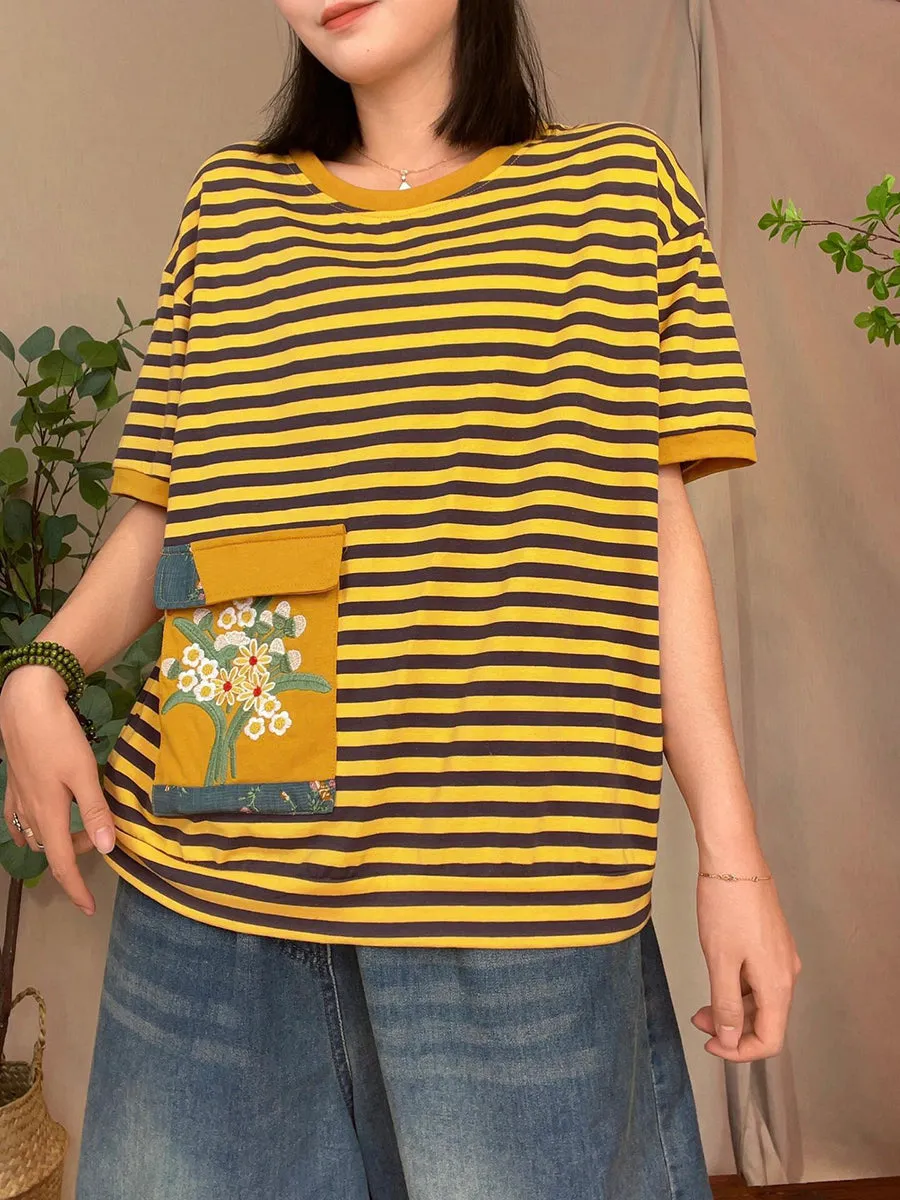 Women Casual Summer Stripe Patch Pocket Shirt