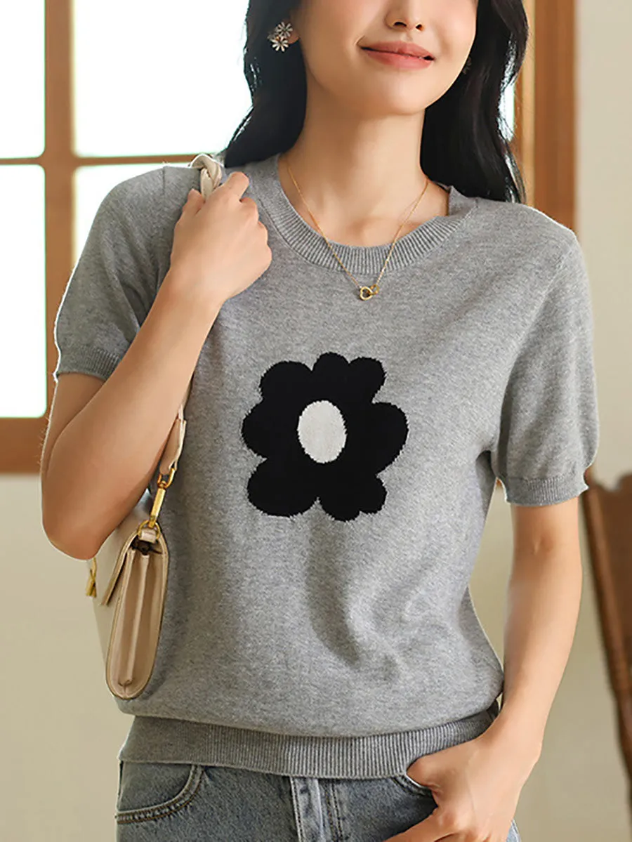 Women Summer Casual Flower Knitted Shirt PA1029