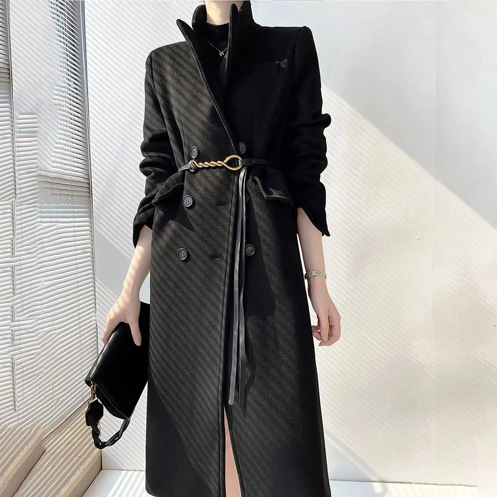 Women's black Long Wool Coat,thick Wool Overcoat,black wool coat,Double Breasted Wool Blend Coat,Warm long   black coat,wool long coat,W112