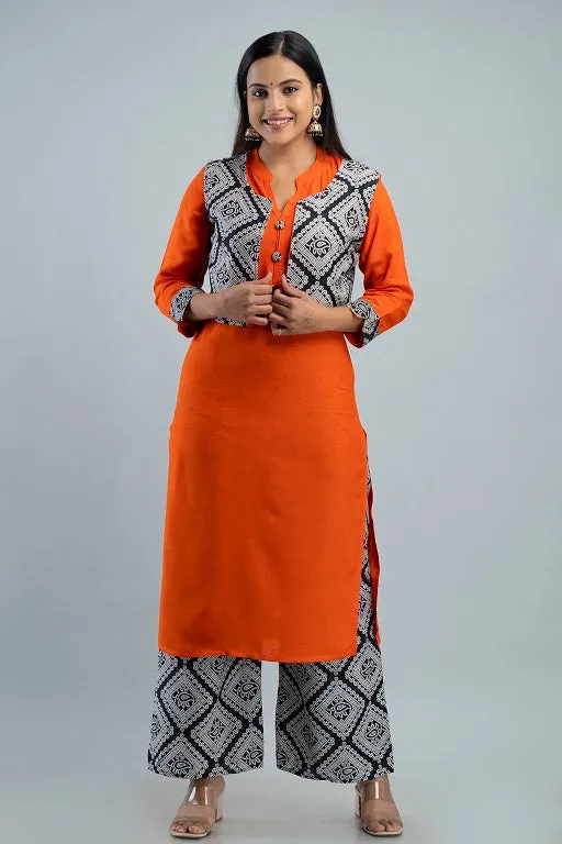 Women's Plus Size Rayon Printed Straight Kurta Jacket and Palazzo Set