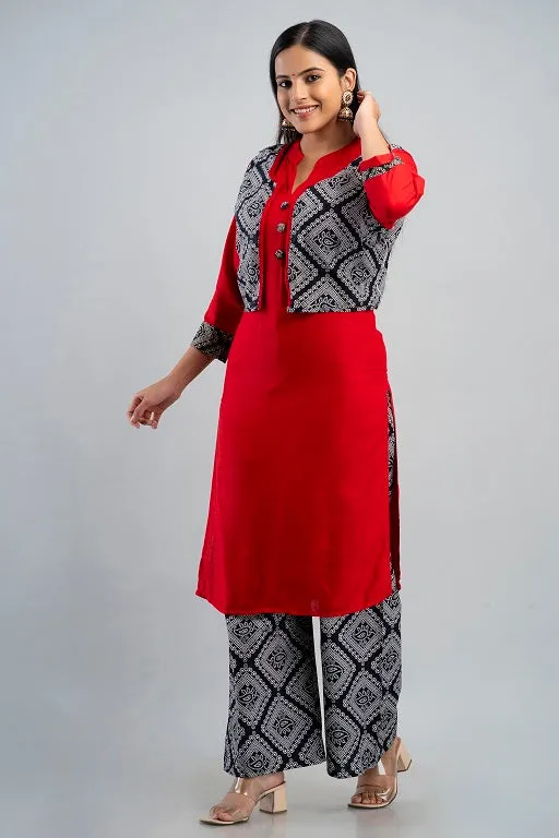 Women's Plus Size Rayon Printed Straight Kurta Jacket and Palazzo Set