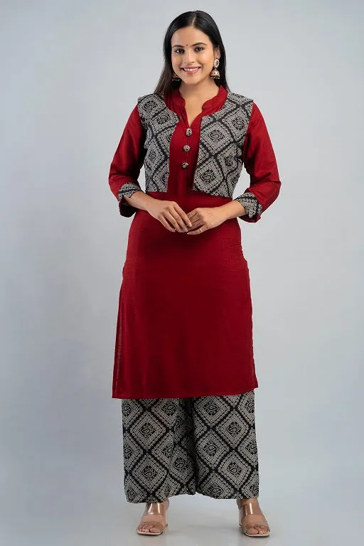 Women's Plus Size Rayon Printed Straight Kurta Jacket and Palazzo Set