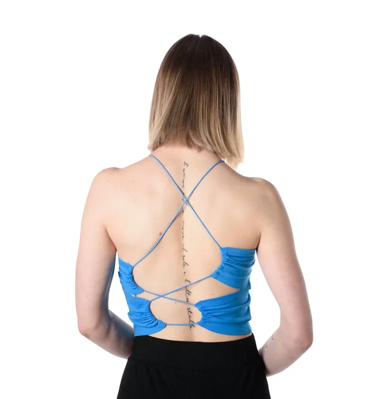 XT Studio women's open back tank top. Cerulean color